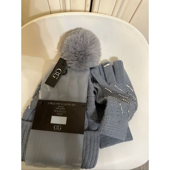 C G New York Women's Rhinestone Embellished 2Piece Hat & Glove Set Gray OS NWT - Picture 2 of 6